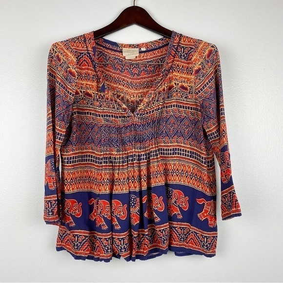 Anthropologie Vanessa Virginia Mahdia Pleated Elephant Peasant Blouse - Picture 3 of 8